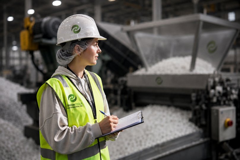 GreenCycle Environmental specialist inspecting recycled materials at a facility